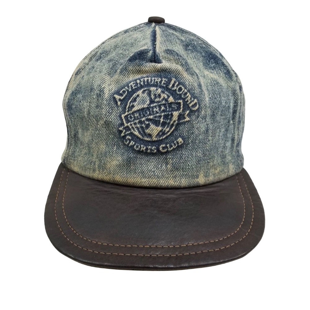 Adventure Bound Acid Wash Denim Cap w Genuine‎ Leather Bib Baseball Distressed